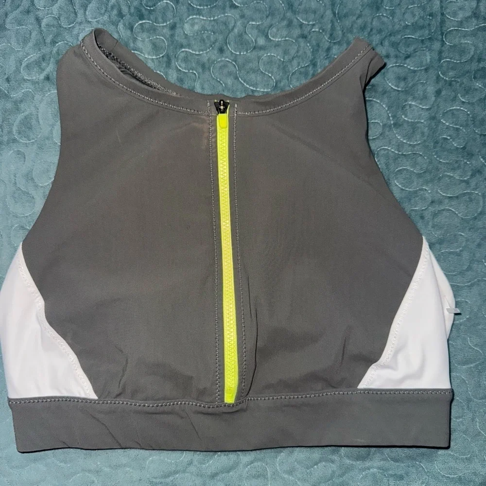 Athleta Gray and White Zip-Front Sports Bra